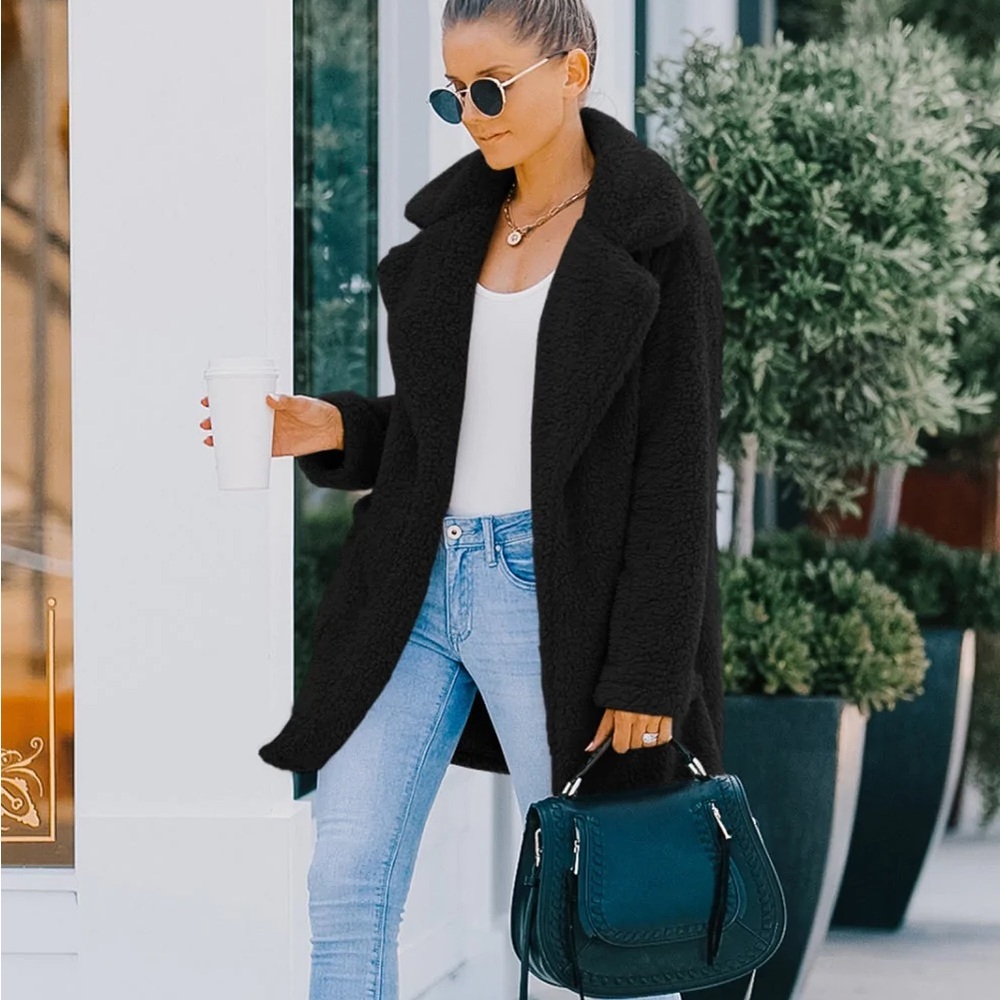 teddy plush warm coat lapel jacket winter sherpa faux fur